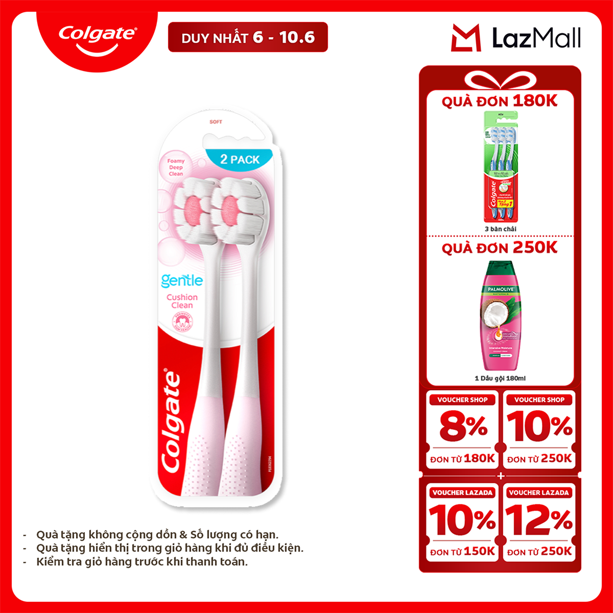 [Chỉ 6-10.6_X2 Voucher giảm 22%] Bộ 2 Bàn chải Colgate Gentle Cushion Clean lông chải siêu dày tạo bọt mịn