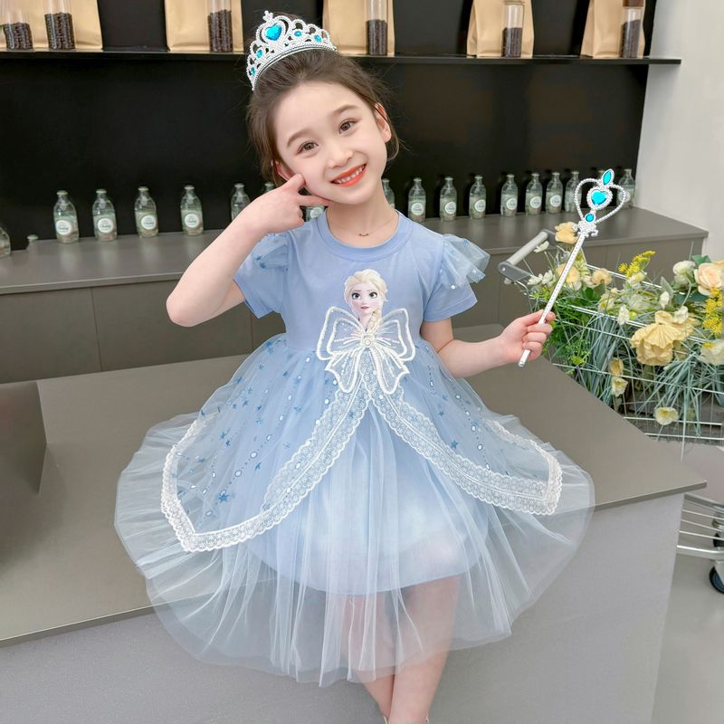 Summer Girls' Mesh Fluffy Elsa Dress Short Sleeved Bow Chiffon Princess Dress Children's Birthday Party Wedding Flower Girl Dress Cool and Breathable