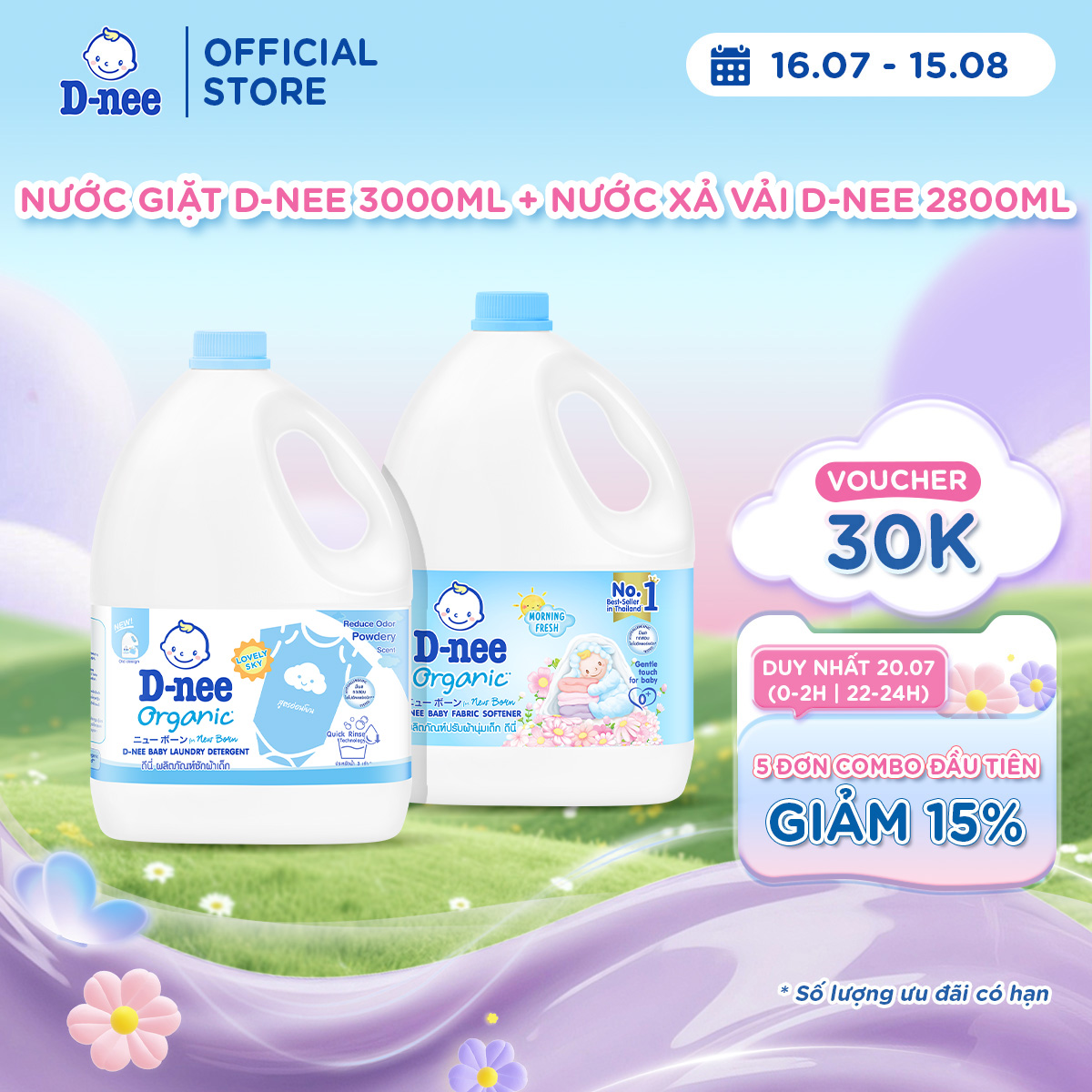Nước giặt quần áo D-nee 3000 ML - Lovely Sky + Nước xả vải D-nee 2800 ML. - Morning Fresh