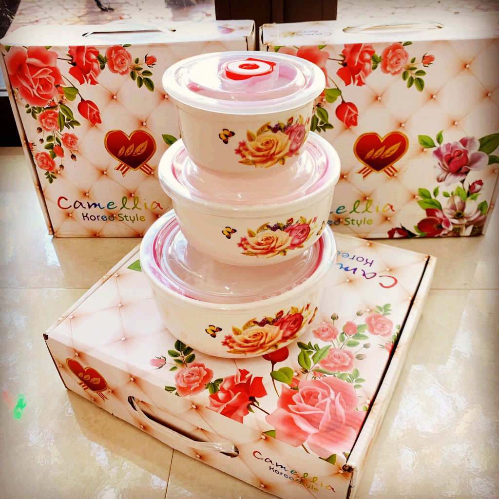 Bộ 3 thố sứ lạnh bát sứ hoa văn có nắp hút chân không - set 3 bát sứ ăn cơm có nắp đậy