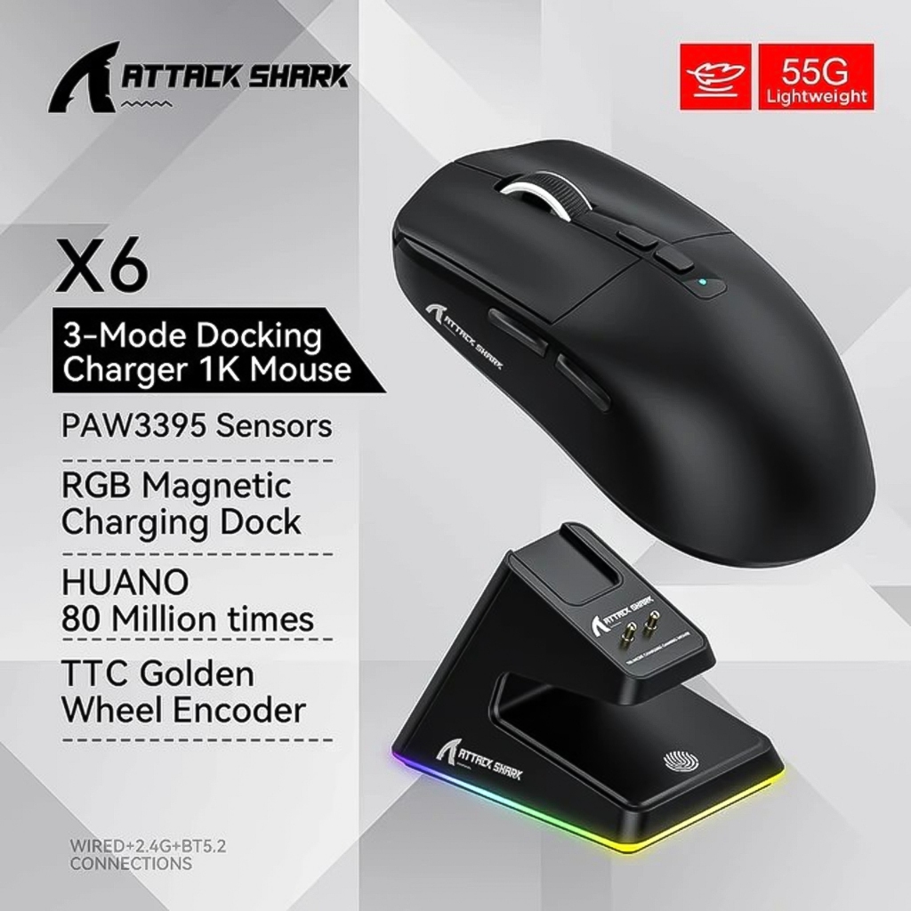 Chuột Gaming Không Dây Attack Shark R1 Siêu Nhẹ Chip Paw3311 Cực Mạnh 3 Chế Độ Kết Nối - DC5214