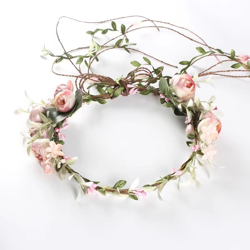 【Big-Sales】 Adjustable Flower Headband Hair Wreath Floral Garland Crown Halo Headpiece Boho With Ribbon Wedding Festival Bridal Shower Party