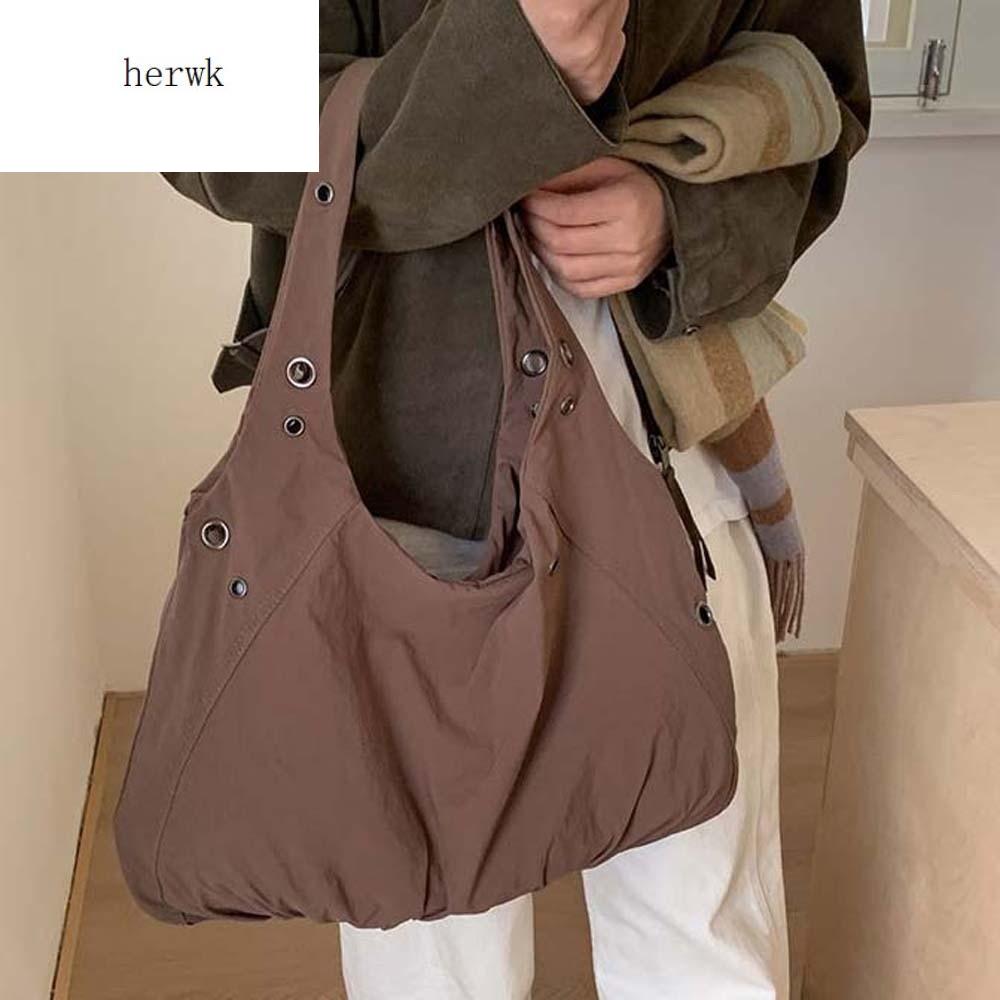 HERWK Nước chống bắn Túi vest tote có lỗ xỏ Công suất lớn Nhẹ Túi vải đeo vai cho nữ Dày hơn Túi đi lại Túi xách nylon màu sắc đồng nhất Phụ nữ
