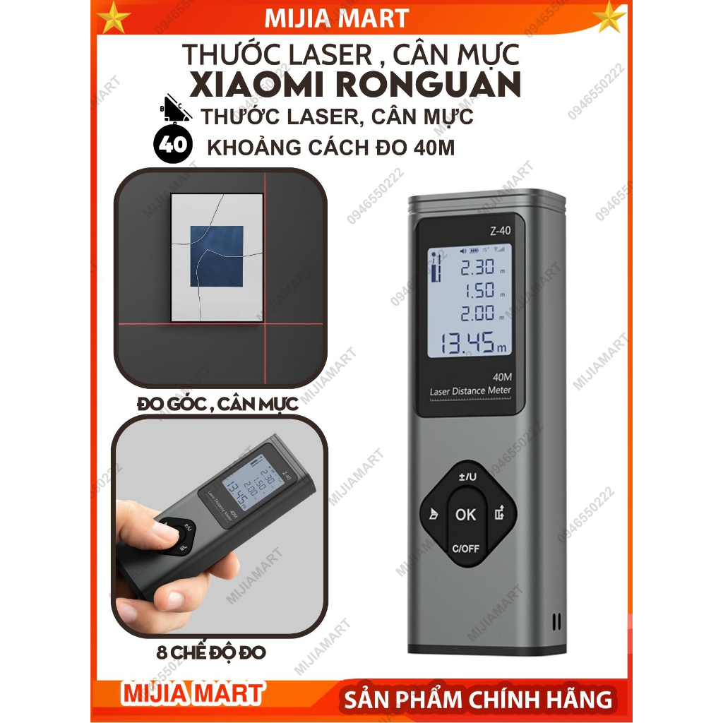Thước đo khoảng cách laser 2 trong 1 Xiaomi Ronguan. Thước đo góc 2 tia, đo xa 40m