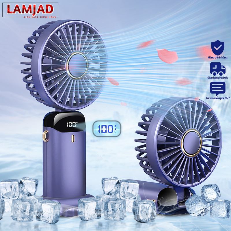 Quạt cầm tay mini gấp gọn sạc tích điện, quạt cao cấp với 5 cấp độ gió tích điện đèn led hiển thị % pin xoay 90 độ