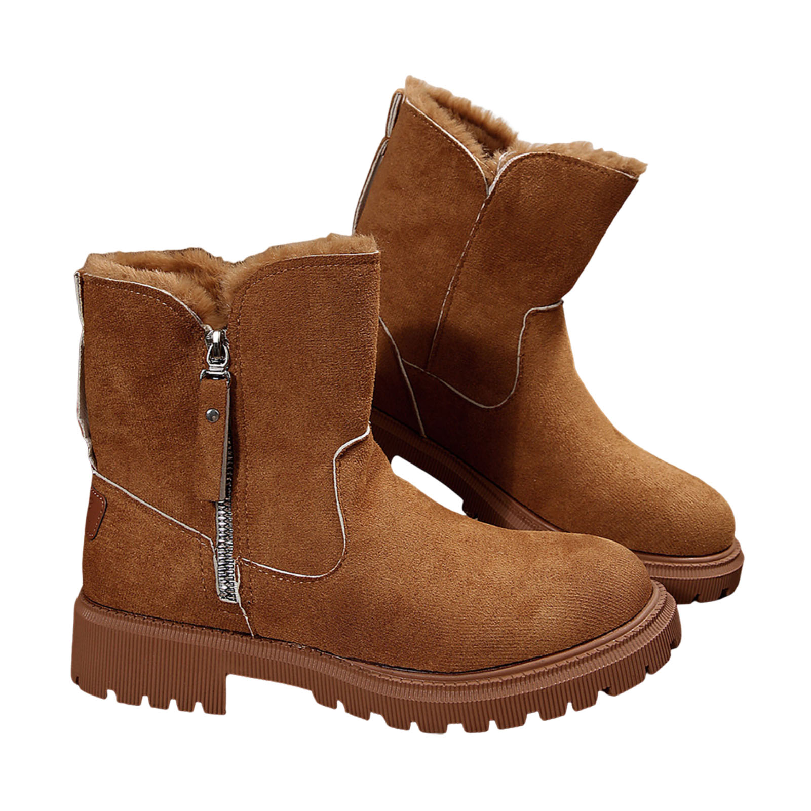 【Stock】 Thick-soled Boots Round Toe Ankle Boots Women’s Winter Ankle Boots Faux Suede Warm Fuzzy Cuffs Side Zipper Thick Anti-slip Sole Short Boots for Daily Wear Party Street Casual Shoes - 1