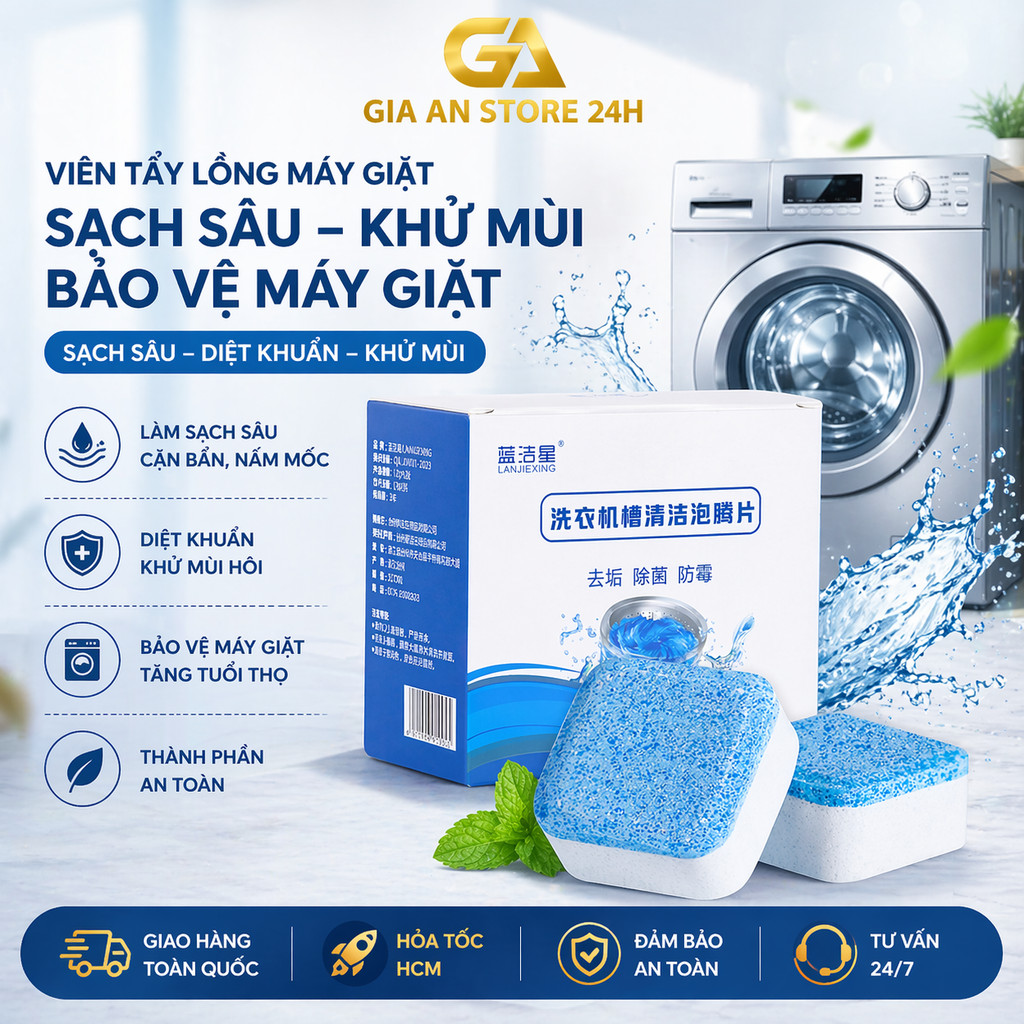 Hộp 12 Viên Tẩy Lồng Máy Giặt T2 - Vệ Sinh Sạch Sẽ, Diệt Khuẩn Hiệu Quả