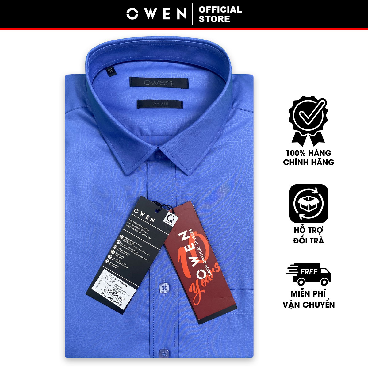OWEN SALE - Áo Sơ Mi Owen Tay Ngắn Màu Xanh Navy  Họa Tiết Hoa Văn Form Body Fit Lai Ngang Chính Hãn