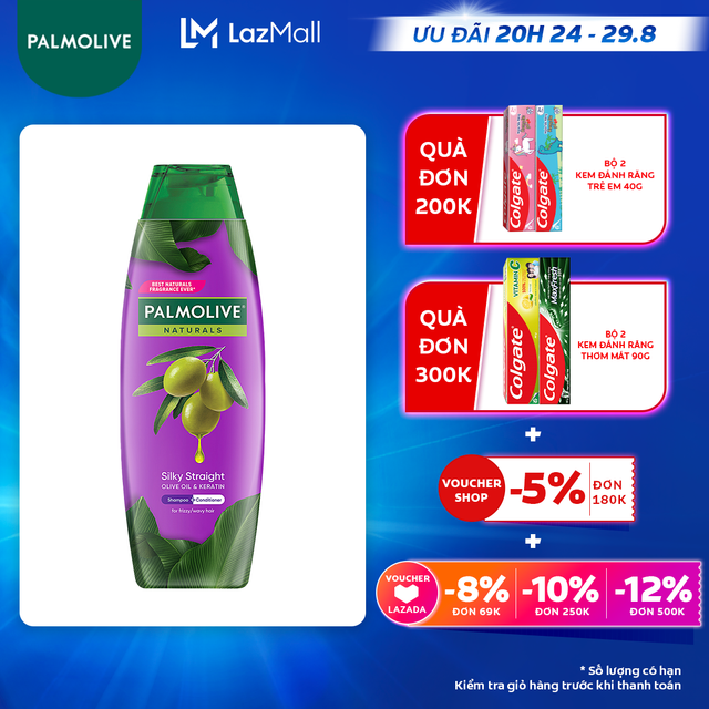 [Ưu đãi 20H 24.8 - 29.8_Áp voucher Colgate 5% + voucher LZD 8%]Dầu gội Palmolive kèm dầu xả 2-trong-1 chiết xuất thiên nhiên dưỡng tóc bồng bềnh 180ml