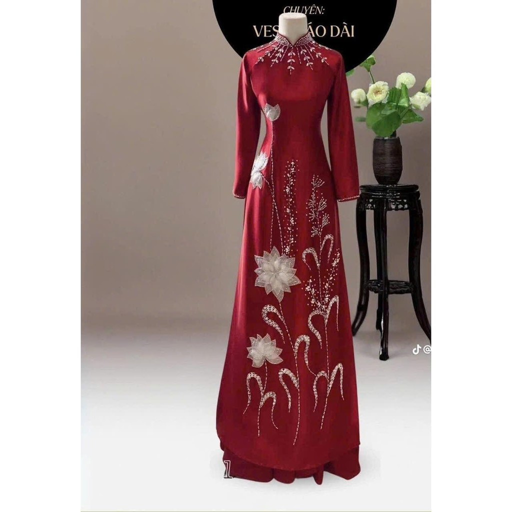 Áo Dài Truyền Thống Lụa Ruby Đính Đá Hoa Lá Sang Trọng - Áo Dài Cưới Hỏi Lễ Tết- Mieso Store