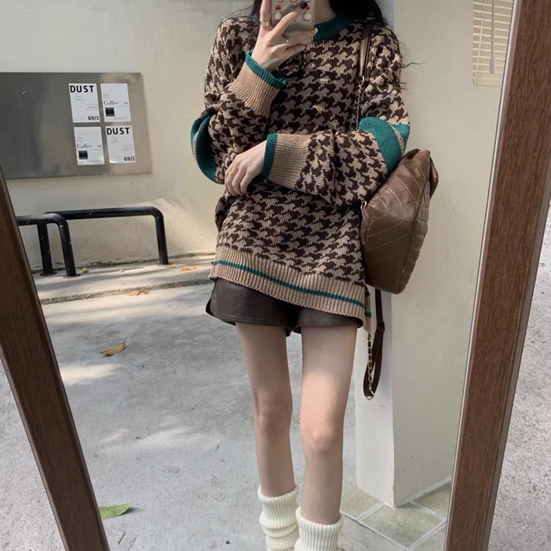 Áo len cổ tròn nữ dài tay dễ thương màu be nâu kiểu form vừa họa tiết zikzac ladyquangchau AL40