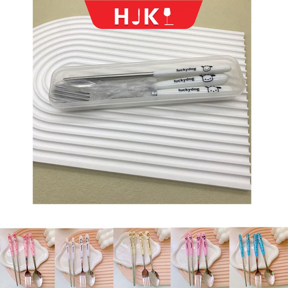 HJKL 3pcs/set Tay cầm bằng nhựa Bộ đồ ăn cho học sinh Có hộp Thép không gỉ Bộ dao kéo Di động Nĩa muỗng đũa Bộ đồ ăn Du lịch