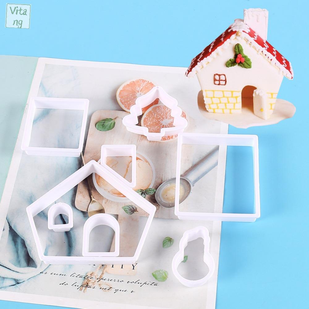 VITANG 8pcs/set Tự làm Khuôn nhà bánh gừng bằng nhựa Trắng Tem bánh ngọt Bộ dụng cụ cắt bánh quy Hoạt hình 3D Khuôn bánh quy Bánh Kẹo mềm