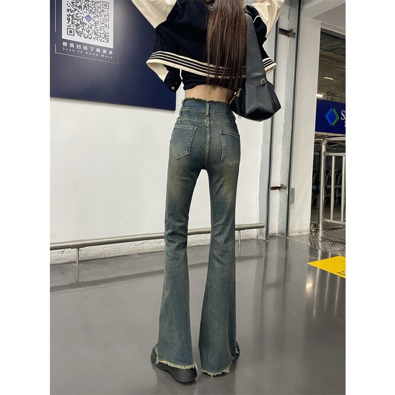 ◐  Quần bò ống loe gấu tua rua  Quần jean ống loe cạp cao màu xanh hơi mài gấu có tua rua chất co gi