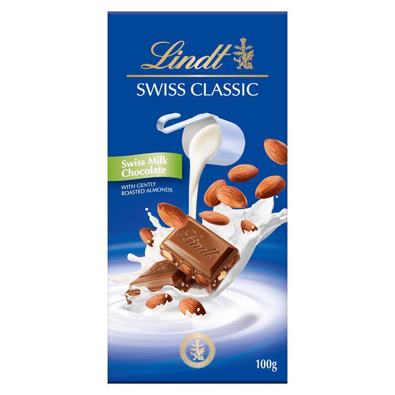 SÔ-CÔ-LA SỮA LINDT SWISS CLASSIC DẠNG THANH, HẠNH NHÂN, KHÔNG CÓ NHÂN 100G