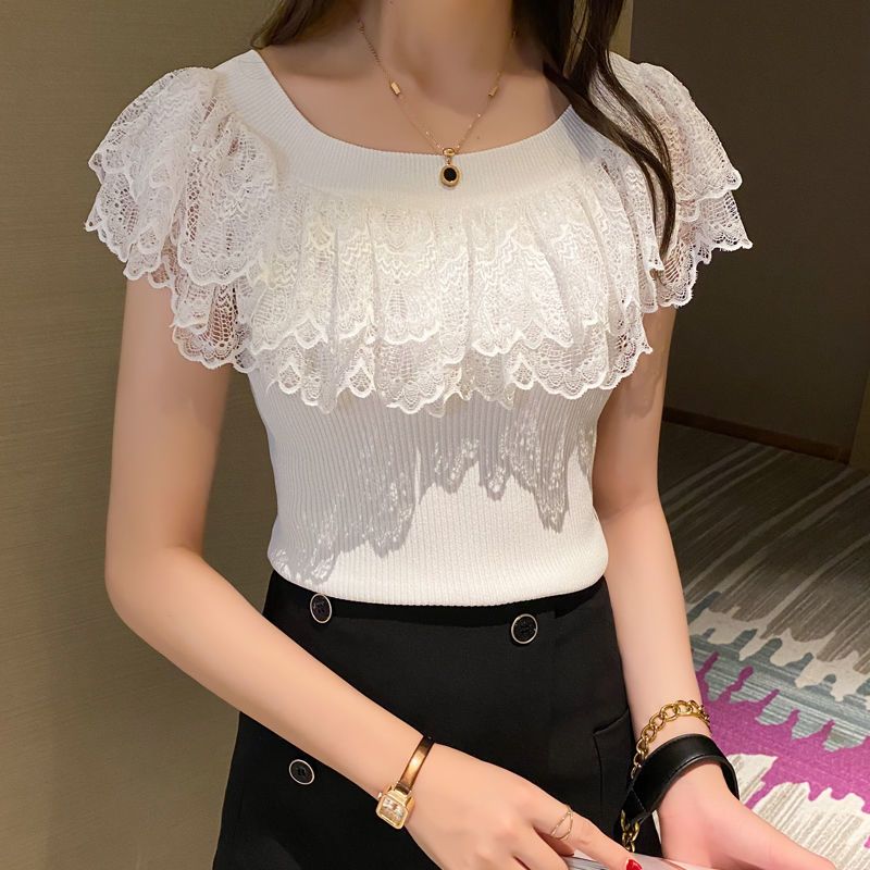 2024 giản dị ren áo dệt kim T-Shirts thời trang nữ đàn hồi trắng đen tím Top sexy Ladies t Shirts quần áo Hàn Quốc