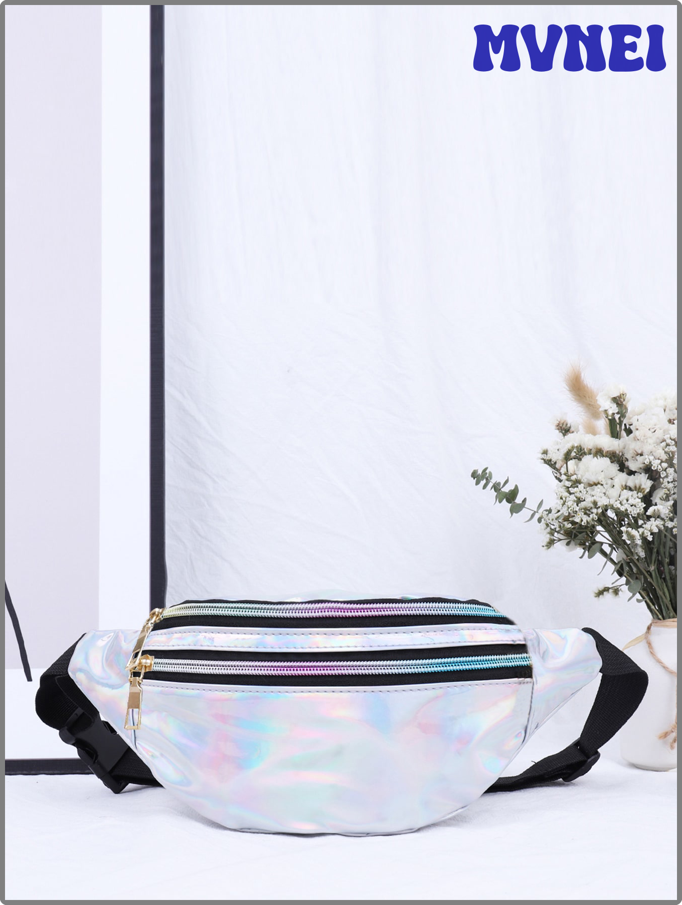 MVNEI Holographic Fanny Pack,Hologram Waist Pack Waterproof Shiny Laser Waist Bum Bag Adjustable Belt,Metallic Color Sport Waistbag BVIEV