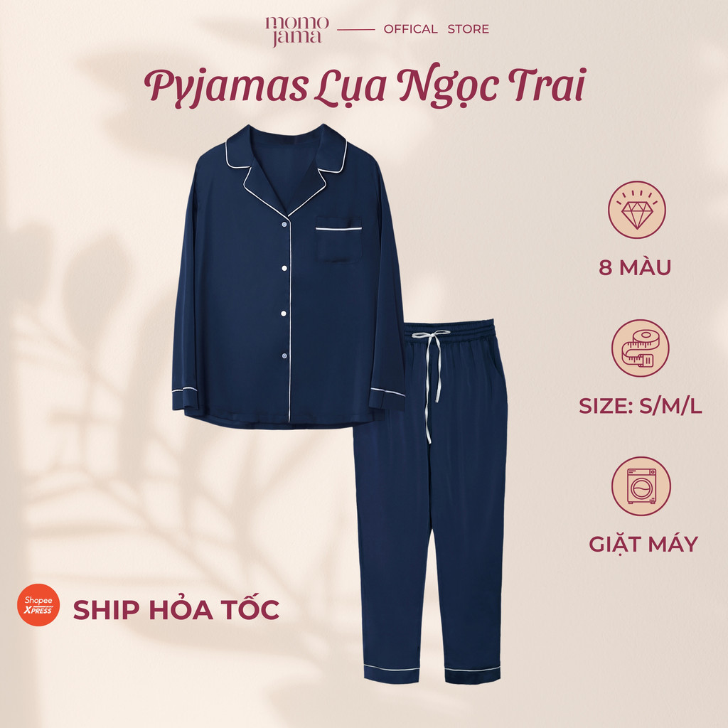 Bộ đồ ngủ mặc nhà MOMOJAMA pijama áo dài tay quần dài chất lụa mềm mại thoáng mát cao cấp thanh lịch