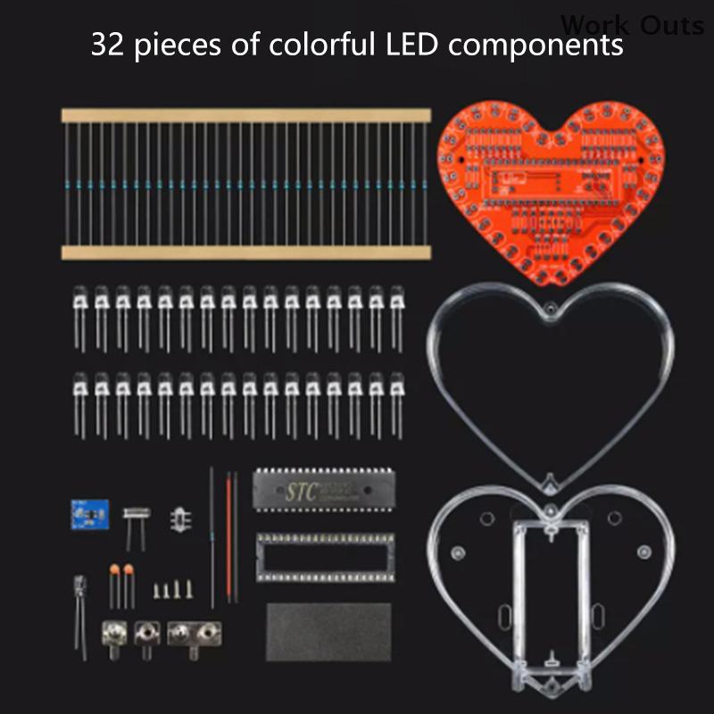 ⚙️[Work Outs] Led hình trái tim dòng chảy ánh sáng DIY điện tử Kit với 32 đầy màu sắc đèn LED DIY Hàn thực hành Kit pin Powered