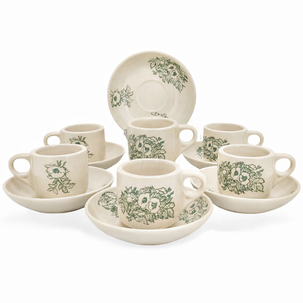 Cangkir Lepek Houssina Kopitian 18 CL Isi 6 Set – Set Cangkir Keramik Vintage dengan Saucer, Motif Bun…