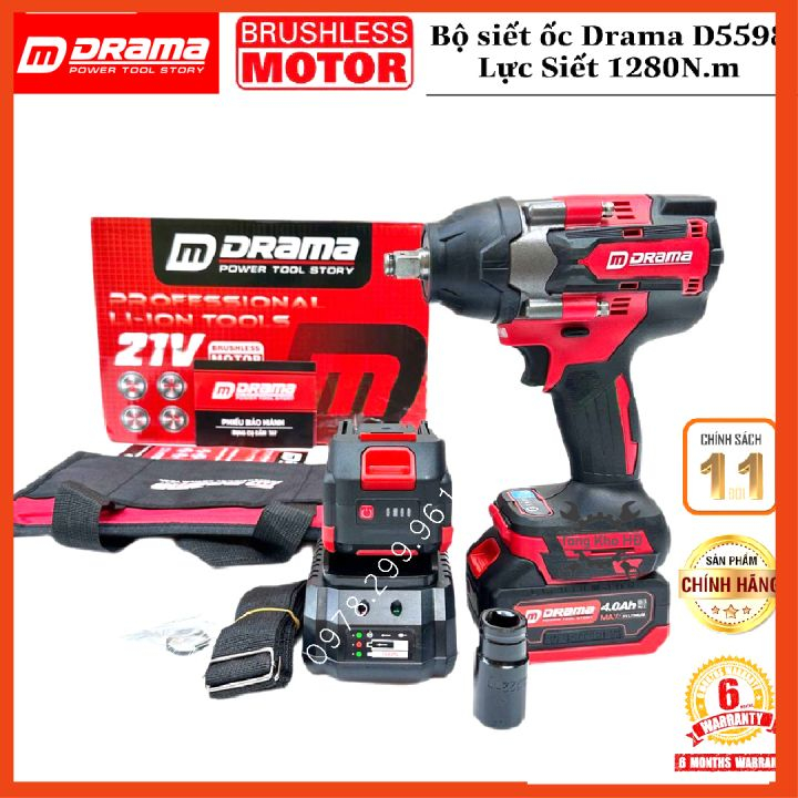 Máy Siết Bulong, Máy Vặn Vít DRAMA D5598 21V, Động Cơ Không Chổi Than, Lực Siết Khủng 1280Nm, BH Chính Hãng