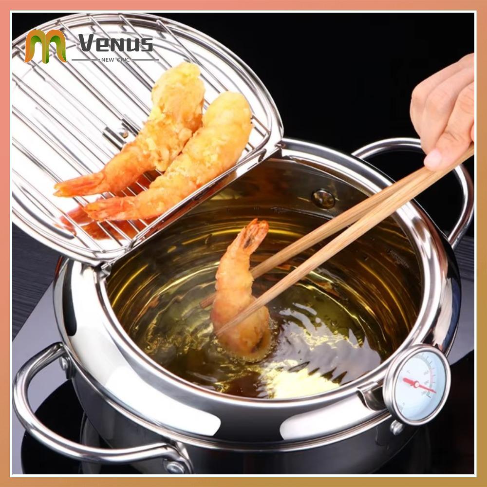 PZJBDI SHOP thép không gỉ Nồi chiên sâu Nhiệt kế Tiếng Nhật Chảo chiên sâu Dày lên có nắp Chảo chiên tempura Bếp Gas Cảm Ứng