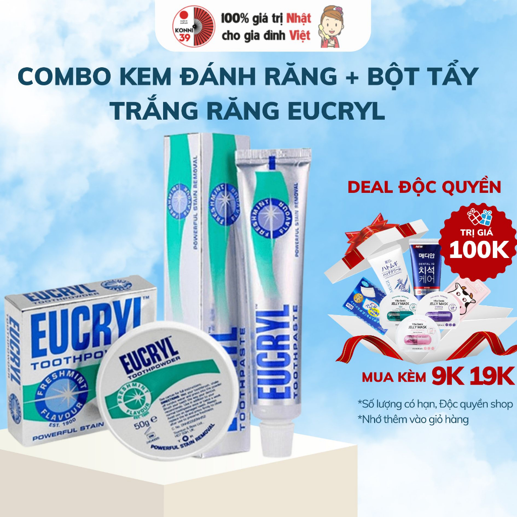Combo bột tẩy trắng răng, kem đánh răng Eucryl Tooth Powder 50g làm trắng răng hiệu quả - Konni39