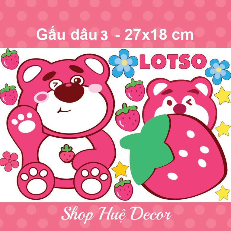 Hình dán sticker gấu dâu dán laptop, xe máy chất liệu decal chống nước, không phai màu KT27x18cm Sho