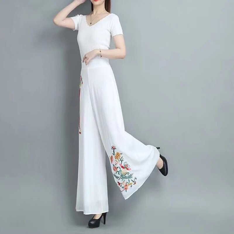 [Hàng có sẵn] Quần ỐNg RộNg vải voan cạp cao mùa xuân mới Quần Mặt dây chuyền thời trang thêu nặng quần áo Trung Quốc truyền thống Retro