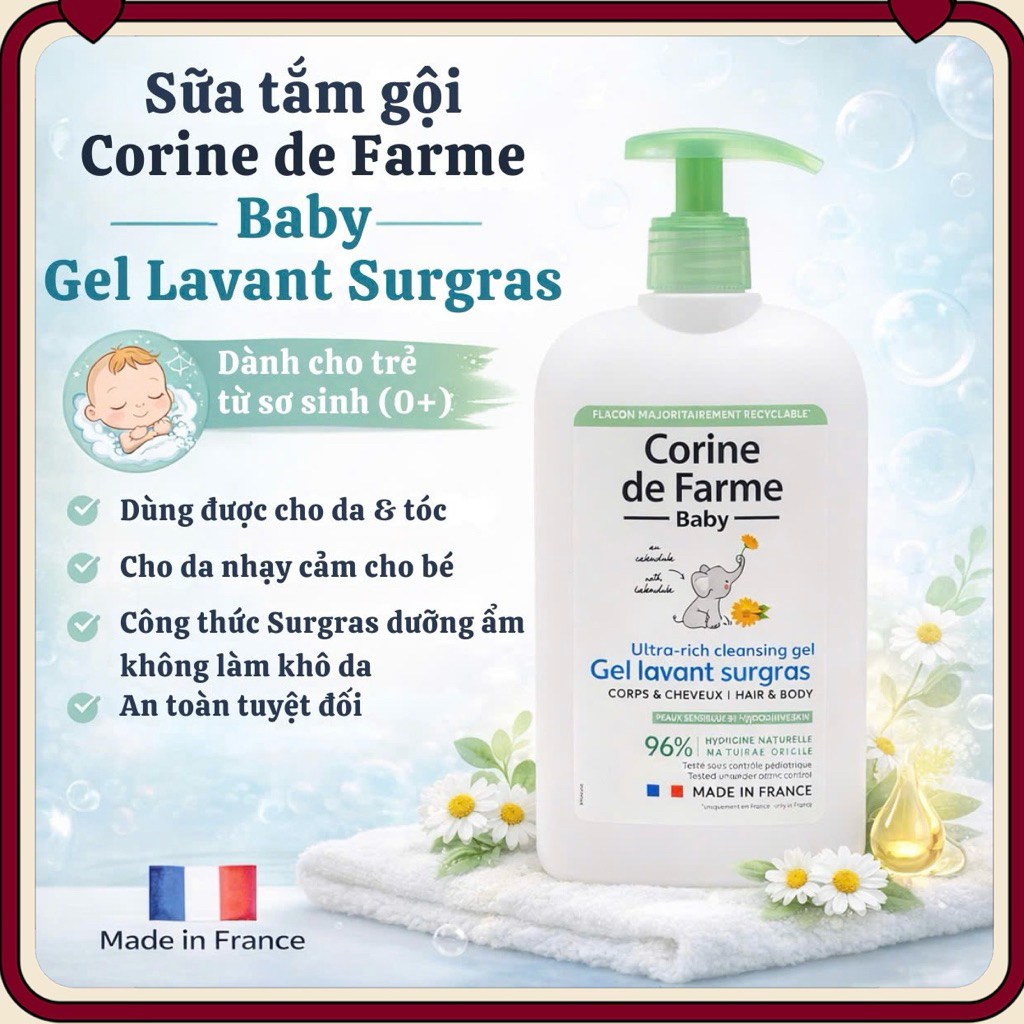 Gel tắm gội cho bé Corine de Farme Ultra-Rich Cleansing Gel dịu nhẹ - Chai 250ml/500ml - iúp bảo vệ làn da mỏng manh của trẻ nhỏ. Với công thức đặc biệt giàu dưỡng chất, sản phẩm không chỉ làm sạch mà còn hỗ trợ nuôi dưỡng làn da bé luôn mềm mại.