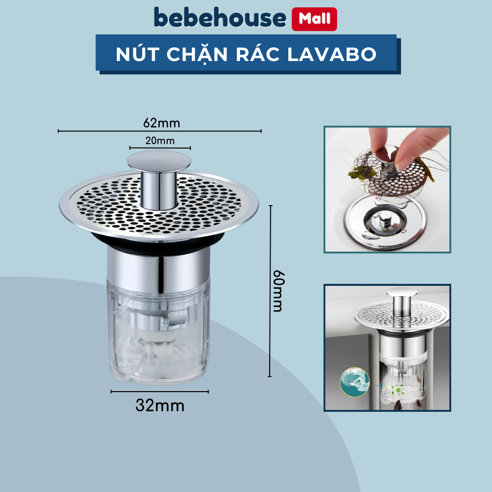 Nút Nhấn Xả Lọc Rác Ngăn Mùi Bồn Rửa Mặt Lavabo Inox + Lõi Đồng Cao Cấp HC006 BEBEHOUSE