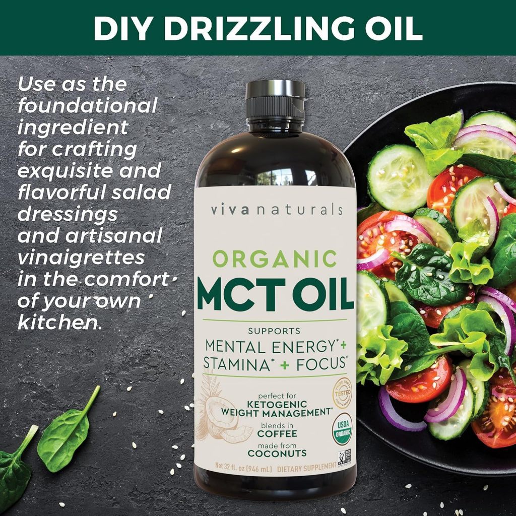 Dầu dừa MCT hữu cơ Organic MCT Oil Viva Naturals [Hàng Mỹ] ✔ Chiết xuất 100% từ dừa hữu cơ tự nhiên, không biến đổi gen.   ✔ Dạng lỏng, trong suốt, không mùi, không vị, dễ hòa tan.