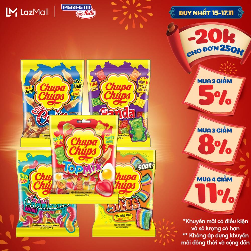 Kẹo dẻo Chupa Chups Gói 56g 90g 160g hương trái cây hỗn hợp hương cola mang đến vị ngọt vị chua và đa dạng hình dáng