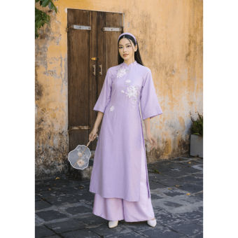 Áo Dài suông chất liệu linen tơ thêu hoa nổi - Tím | Hà Cúc