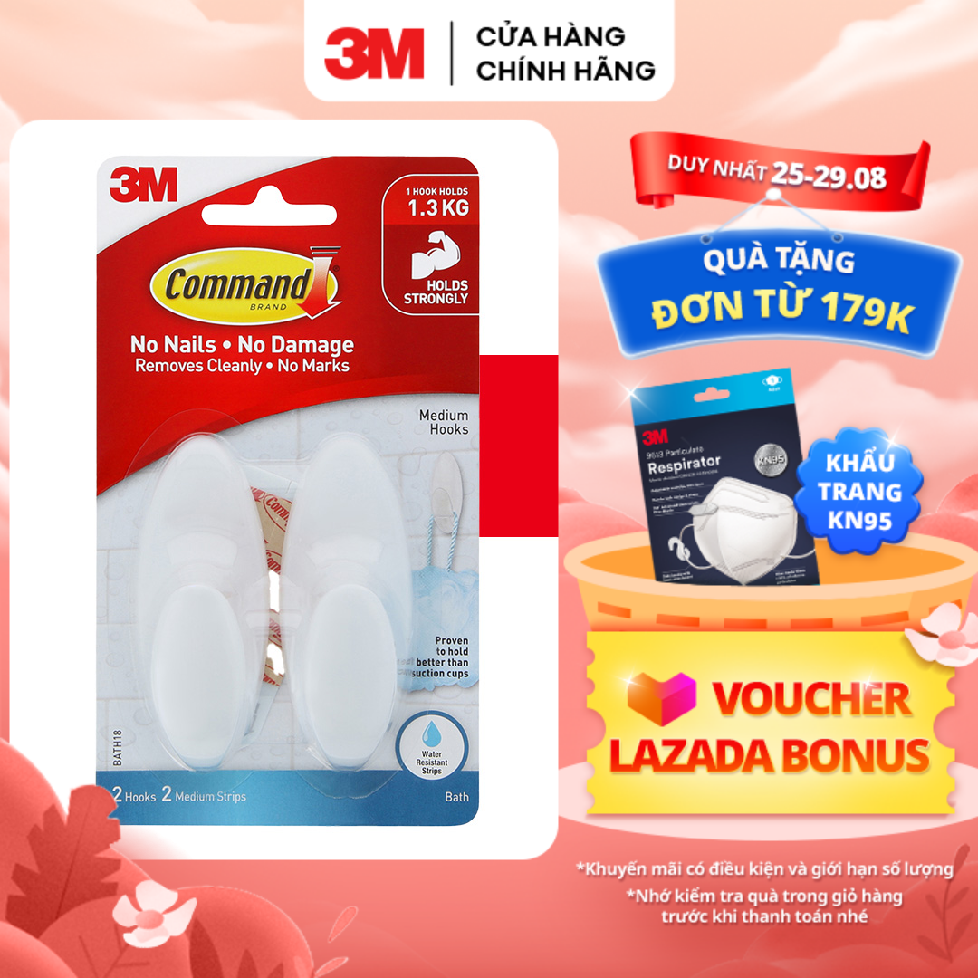Móc dán tường chống thấm nước 3M™ Command™, BATH18, chống thấm nước, bám cực chắc, tải trọng 1.3kg, vỉ 2 cái