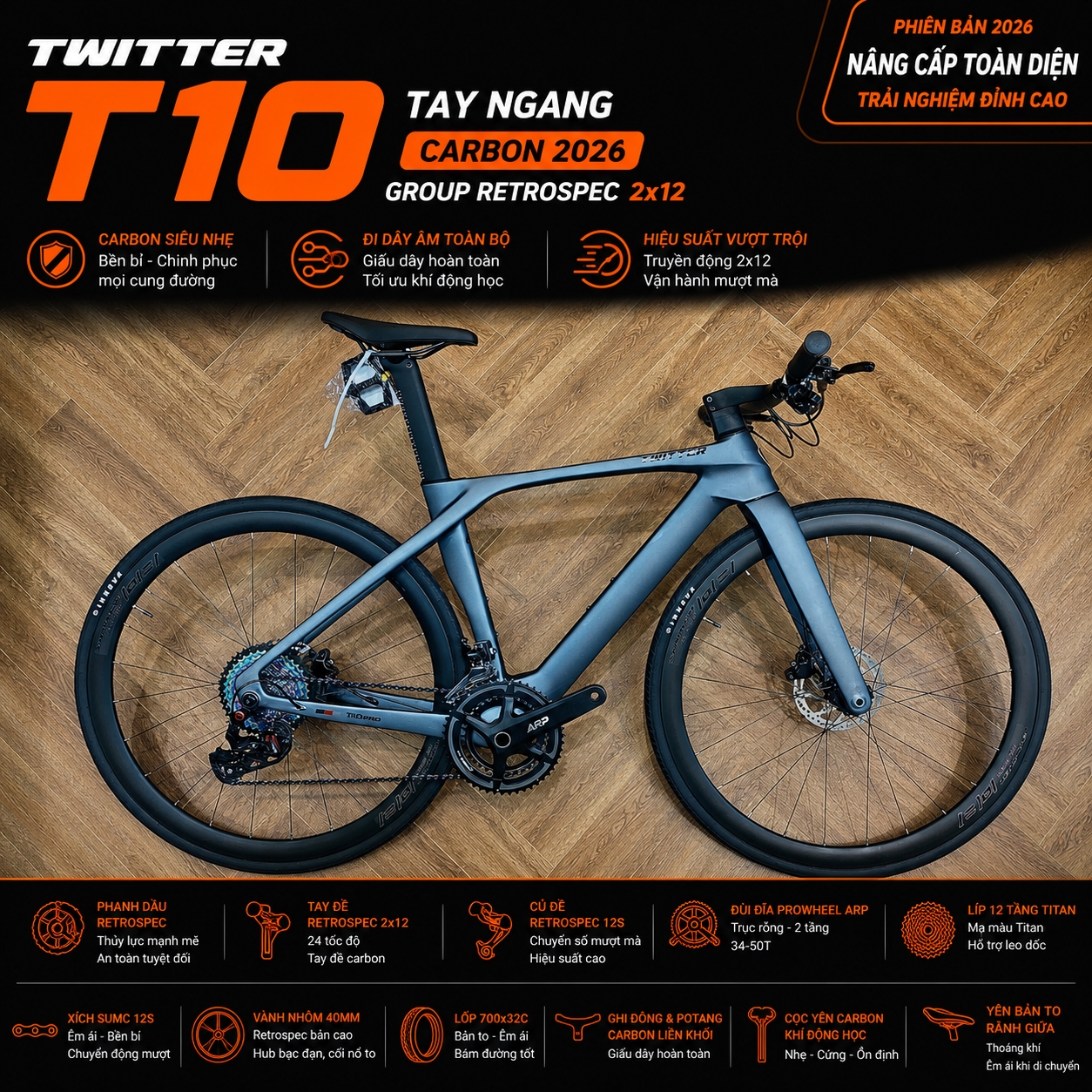 XE ĐẠP TWITTER T10 PRO RS(Hybird) TAY NGANG CARBON 2026 – GROUP RETROSPEC 2x12 | KHUNG CARBON | PHANH DẦU | 24 TỐC ĐỘ