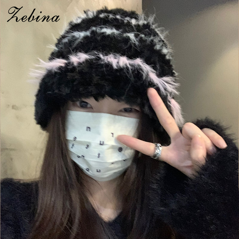 Zebina Fluffy Striped Winter Hat for Women, Cute Korean-Style Beanie with Warm Ear Protection, Perfect for Streetwear and Big Heads ราคา 179 บาท*ส่งฟรี