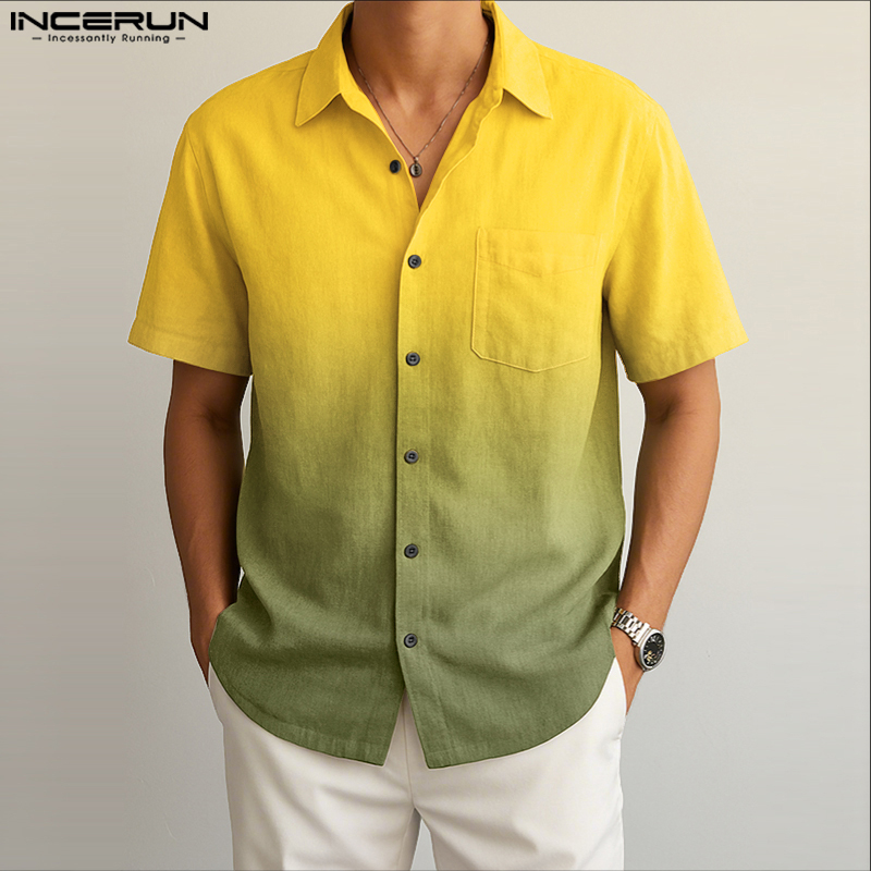  Incerun Áo Sơ Mi Cho nam phong cách Hàn Quốc Hợp Thời Trang Đa Năng in màu chuyển sắc tay ngắn nút lên Mặc #0721 