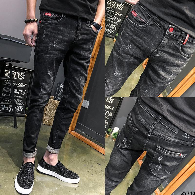 Quần Jean Quần Dài Quần Jean Ống Nhỏ Phong Cách Hàn Quốc 100 Co Giãn Size Lớn 9 Phân Mùa Xuân Hè Phối Màu Đen Ôm Dáng Nam
