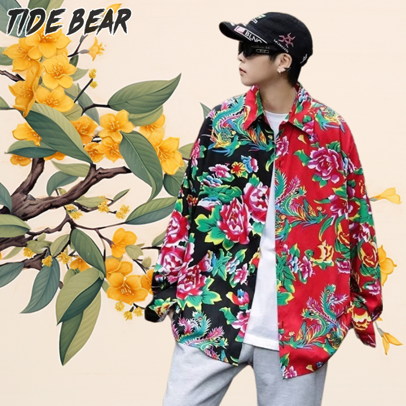 TIDE BEAR Men's Hawaiian street shirt casual floral print shirt Men's casual shirts chinoiserie printed tops fashion printed long sleeve t-shirts ราคา 234 บาท*ส่งฟรี