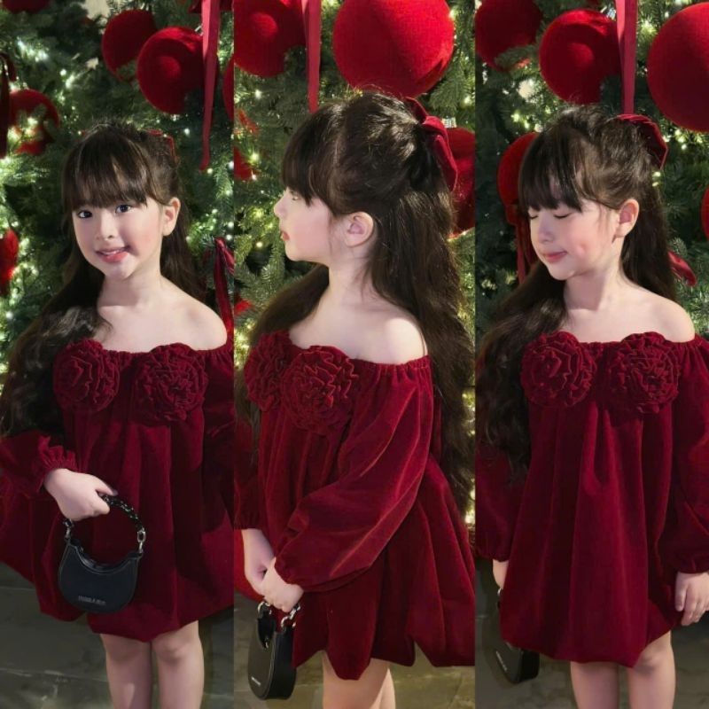[VÁY BÉ GÁI] Váy nhung đỏ hoa hồng đón Noel đón Tết cho bé gái(10-30kg)
