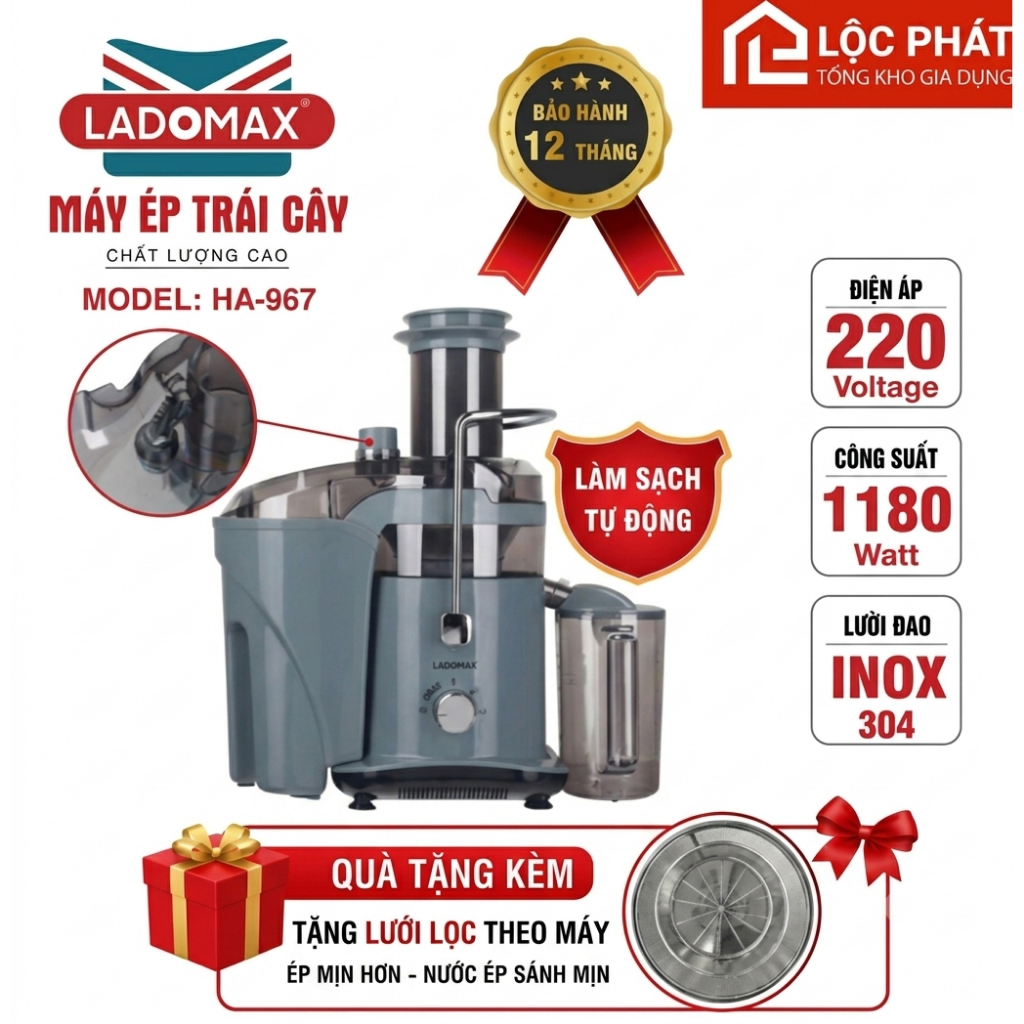 Tặng bộ lưới ép + Máy ép nhanh cho quán Ladomax HA-967 công suất 1180W - làm sạch tự động Motor đồng ép kiệt bã