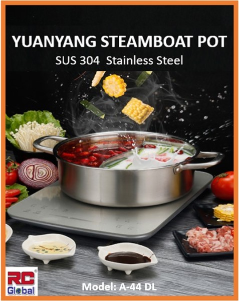 RC-Global Steamboat pot / Yuan Yan Hot Pot / With tinted Glass Lid / Stainless Steel /  With  S Pot Divider / Suit to all kinds of Stoves /  32 cm 4.7 L for 4-7 Pax Singapore
