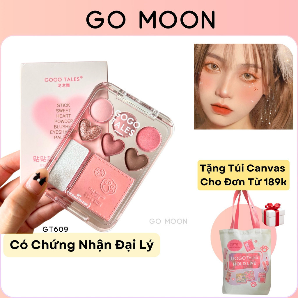 Bảng mắt Gogo tales trái tim GT609 8 ô màu phấn mắt kèm highlight và má hồng 3 in 1 GOGOTALES Cat theme sticker DIY 9.5g