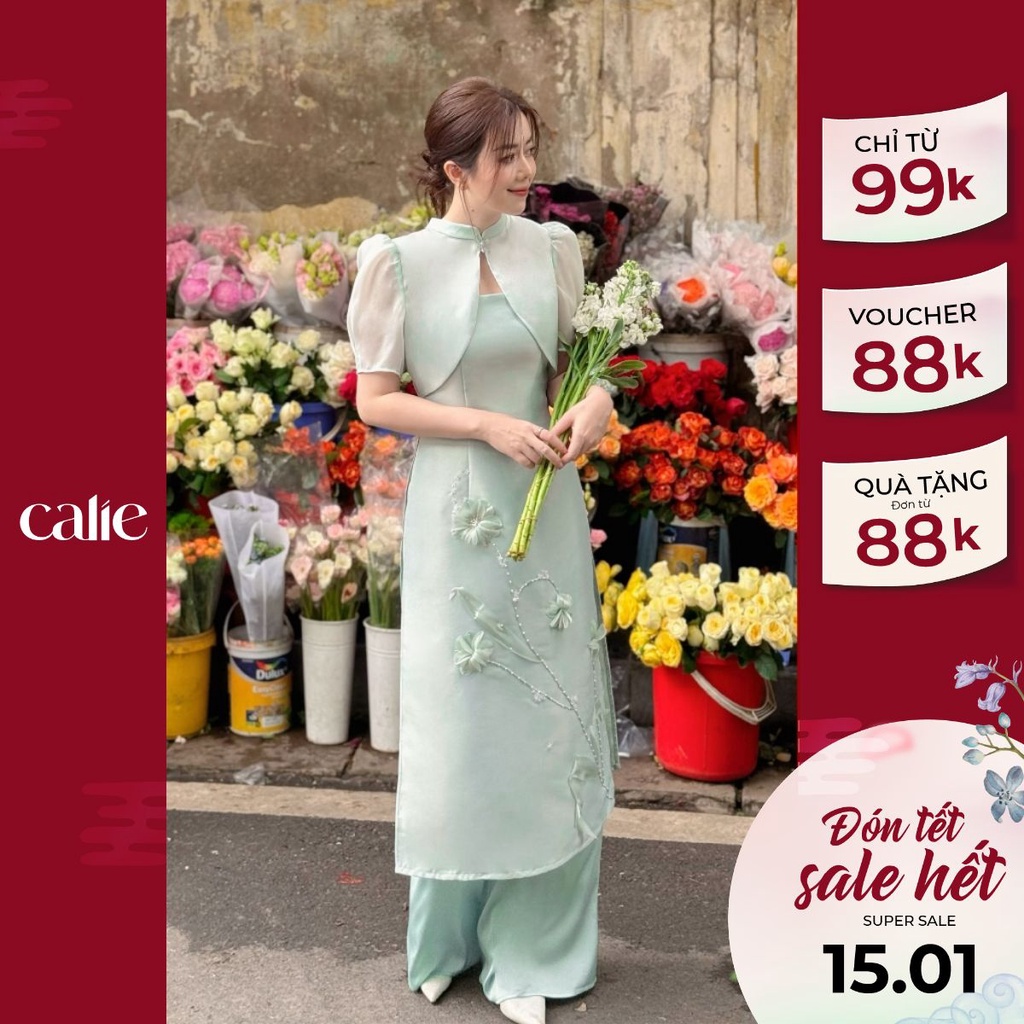 Set áo dài tafta phối tơ thêu hoa nữ tính thếu đính thủ công cao cấp calie ad018