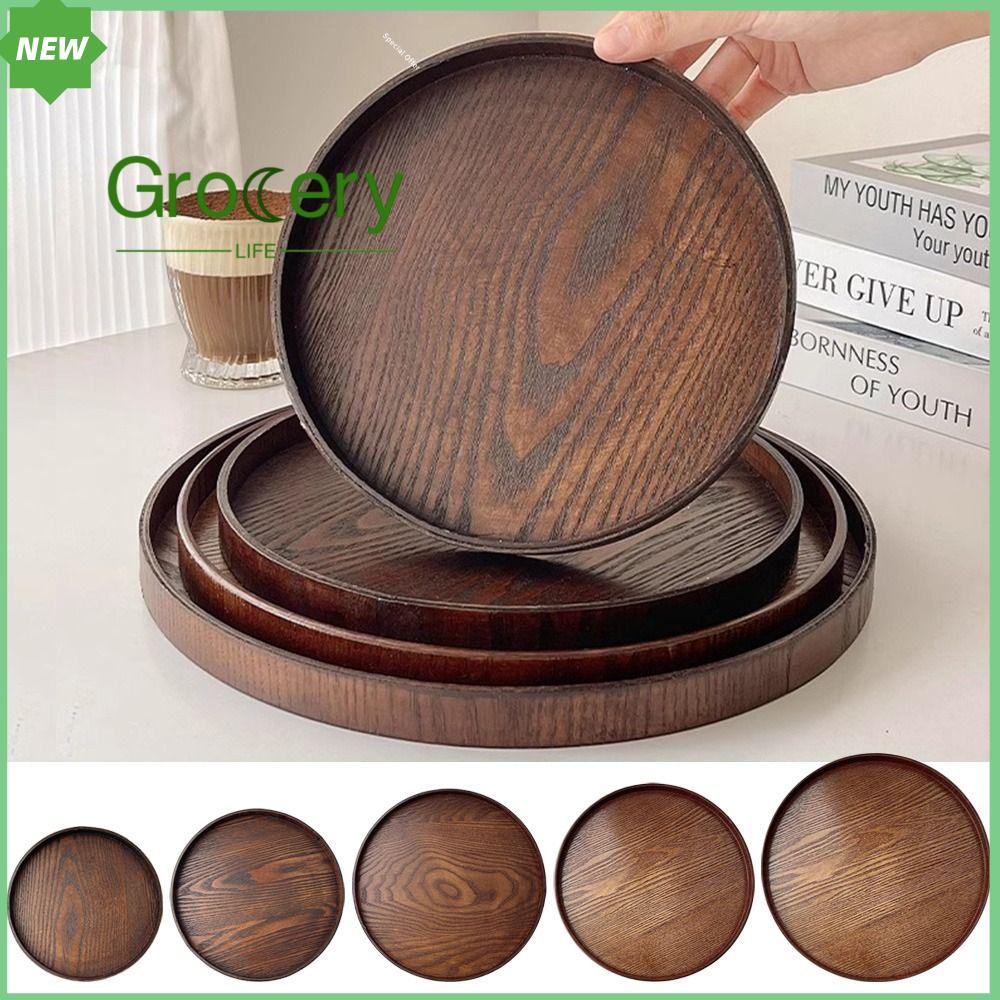 GROCERY LIFE Bằng gỗ Khay phục vụ 21/24/27/30/33cm. Tròn  bàn gỗ Cổ điển Khay tráng miệng Bàn cà phê tại nhà