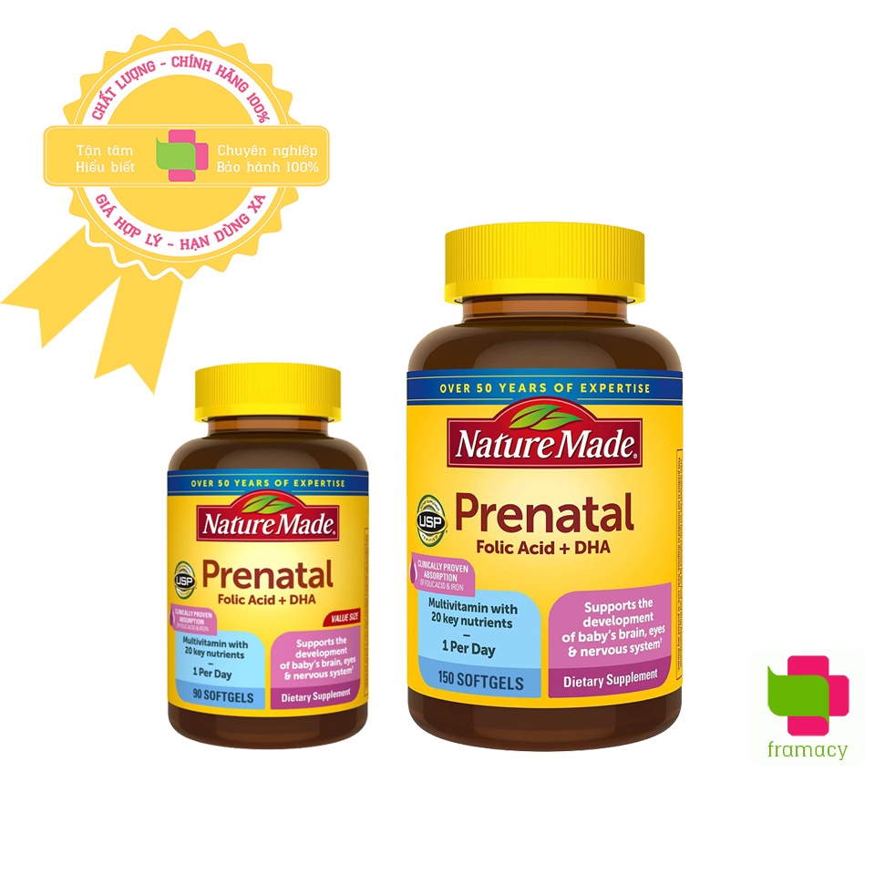 Vitamin tổng hợp bầu Nature Made Prenatal Multi + DHA, Mỹ (150v) bổ sung dinh dưỡng, DHA cho mẹ bầu và sau sinh