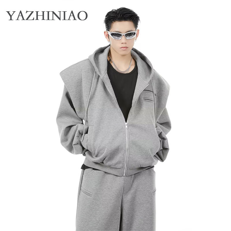 YAZHINIAO Mỹ Retro áo nỉ có khóa kéo nam Áo khoác jacket thời trang áo khoác len có mũ trùm đầu