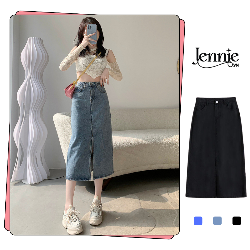 Chân váy jean dài chữ a vải bò xẻ tà trước lưng cao ulzzang JENNIE STORE V5