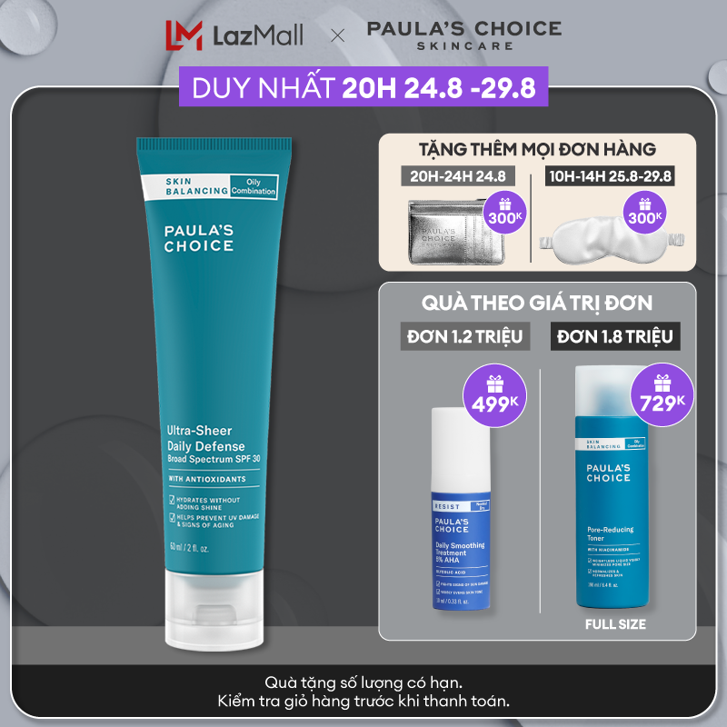 Kem chống nắng kèm dưỡng Bảo Vệ Và Cân Bằng tiết dầu Paula’s Choice Skin Balancing Ultra Sheer Daily Defence SPF 30 60ml 1560